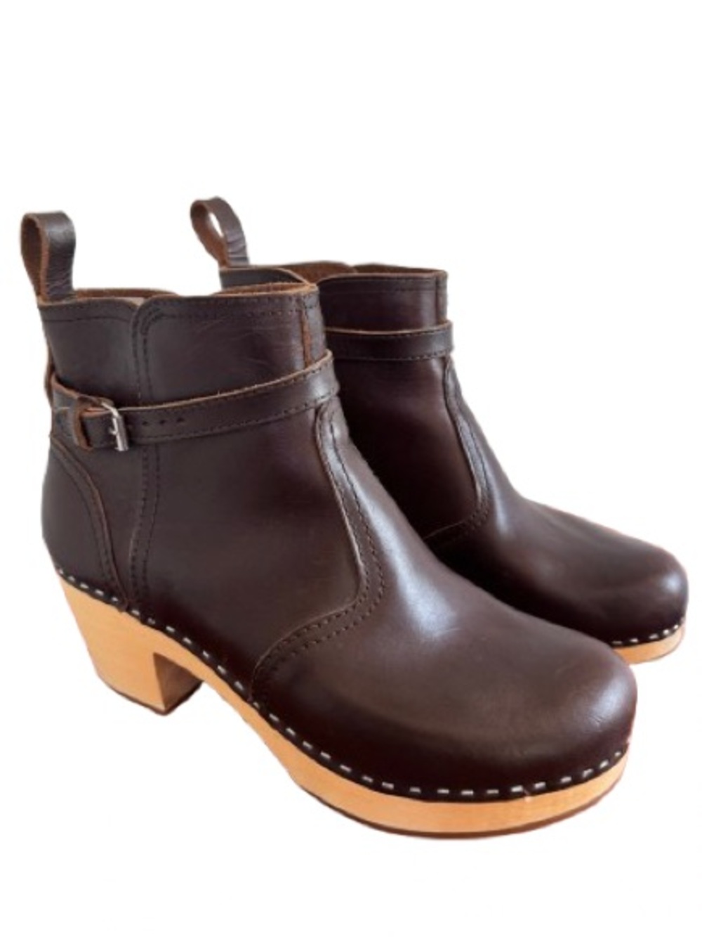 Swedish Hasbeens Edith Buckle Strap Boot Jodhpur Brown Leather Ankle Clog